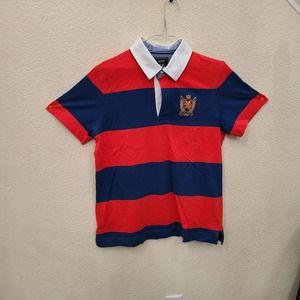 Splash Red With Thick Blue Stripes Boy's Collared Shirt Size M